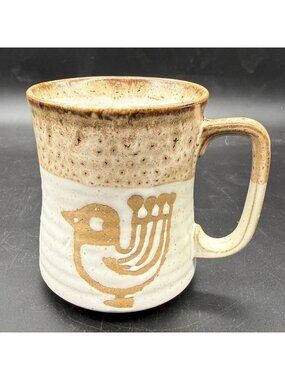 Mid Century Modern Japanese Stoneware Mug Stamped Bird Speckled Drip Glaze Vtg